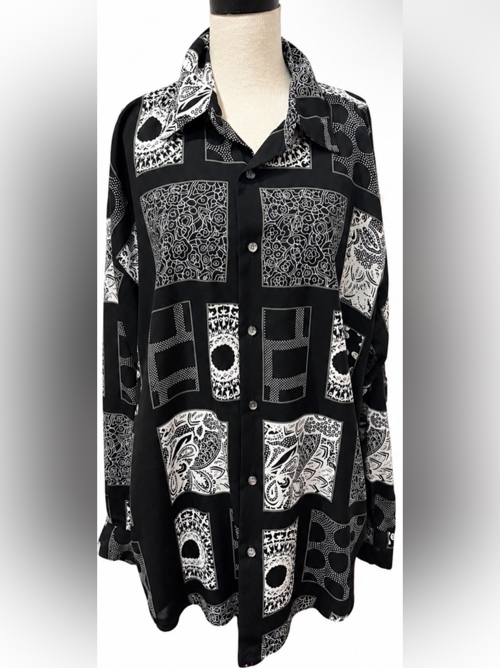 Monzini Collection XL Black White Patchwork Blouse Button Front Tunic Top